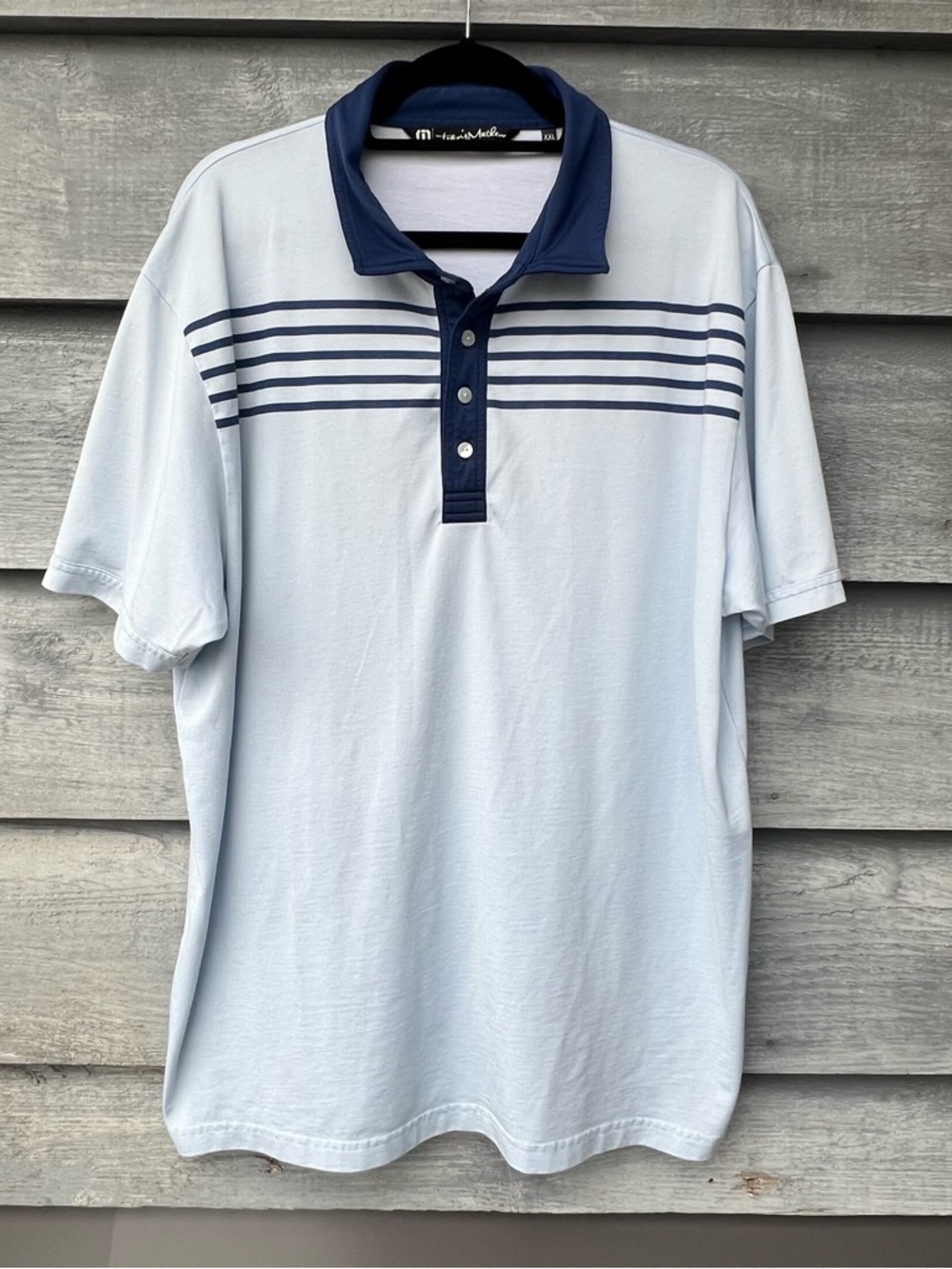 Travis Matthew Polo Shirt Mens 2XL XXL Baby Blue Stripe Short Sleeve Golf Casual